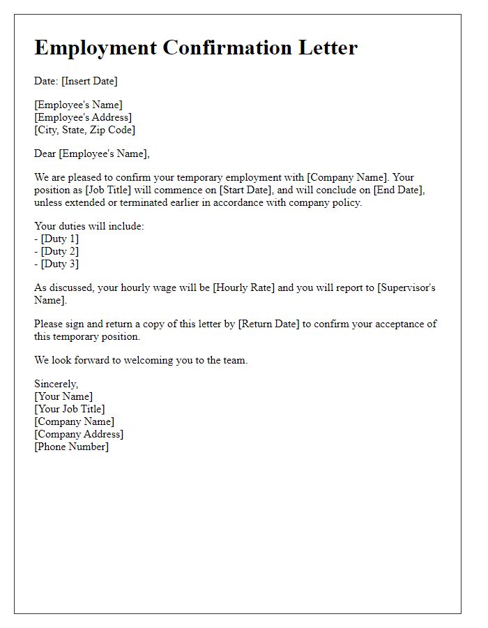 Letter template of employment confirmation for temporary employment