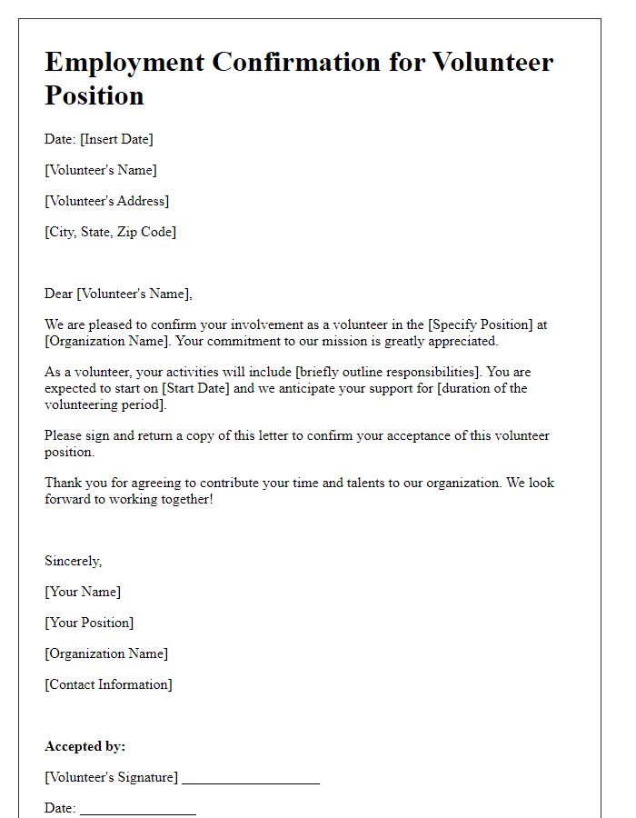 Letter template of employment confirmation for volunteer positions