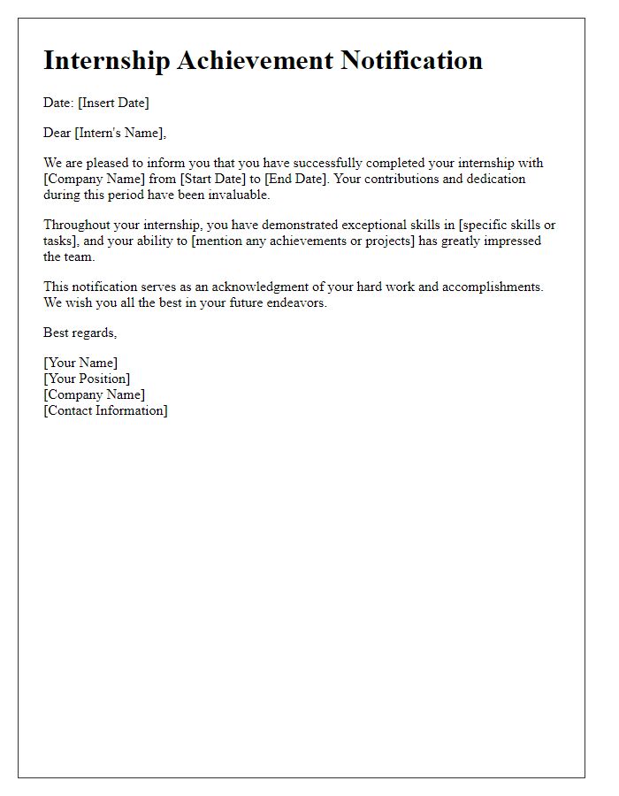 Letter template of Internship Achievement Notification