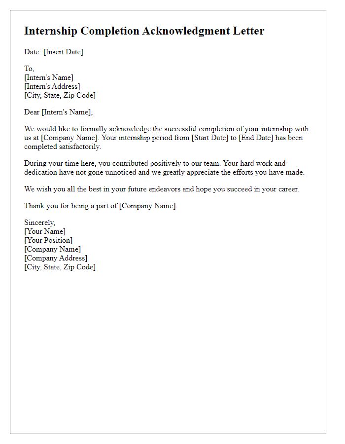 Letter template of Internship Completion Acknowledgment Letter