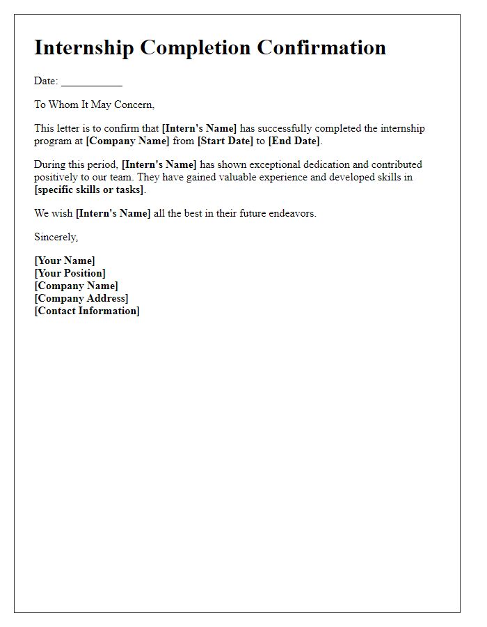 Letter template of Internship Completion Confirmation