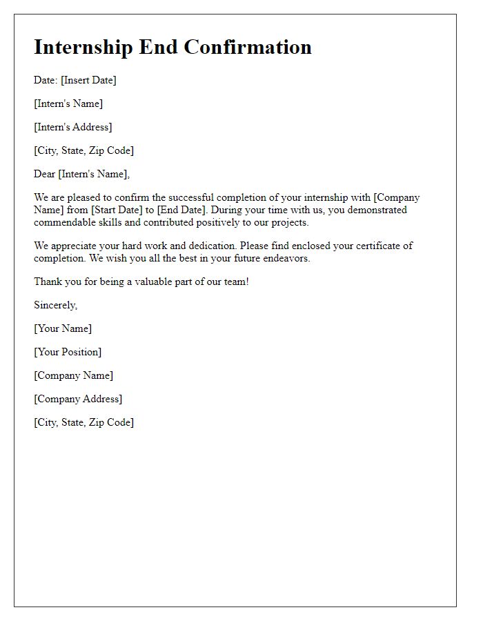 Letter template of Internship End Confirmation