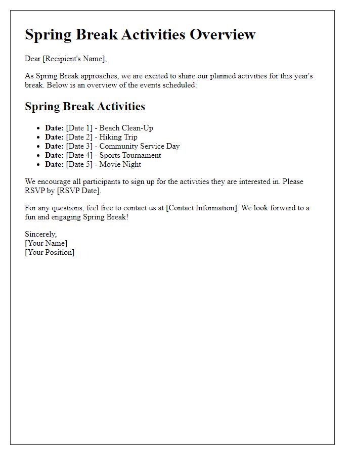 Letter template of Spring Break Activities Overview