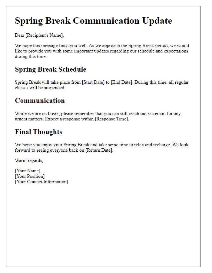 Letter template of Spring Break Communication Update