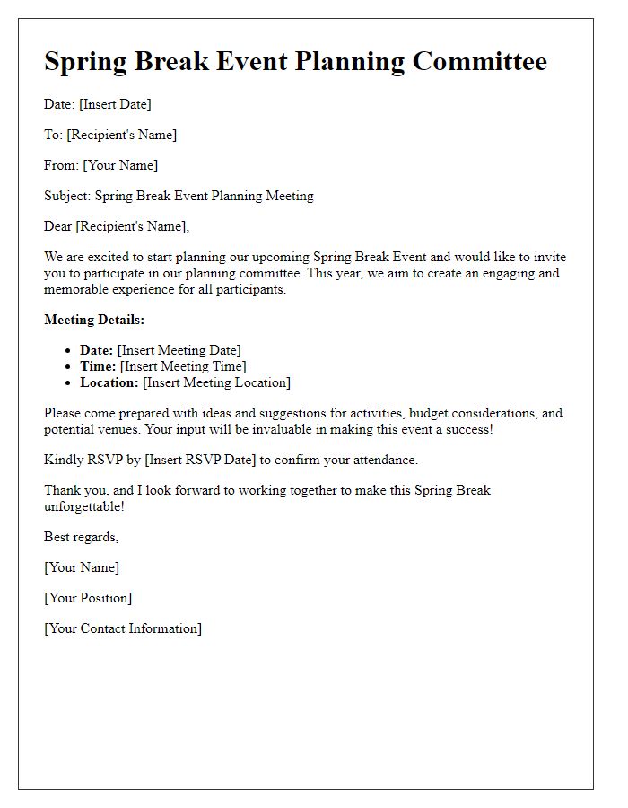 Letter template of Spring Break Event Planning