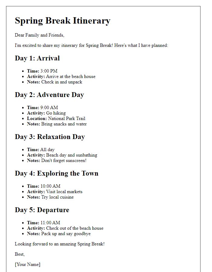 Letter template of Spring Break Itinerary Sharing