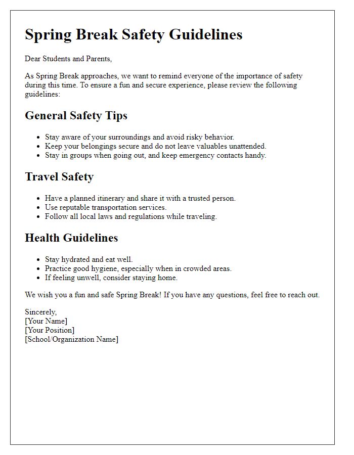 Letter template of Spring Break Safety Guidelines