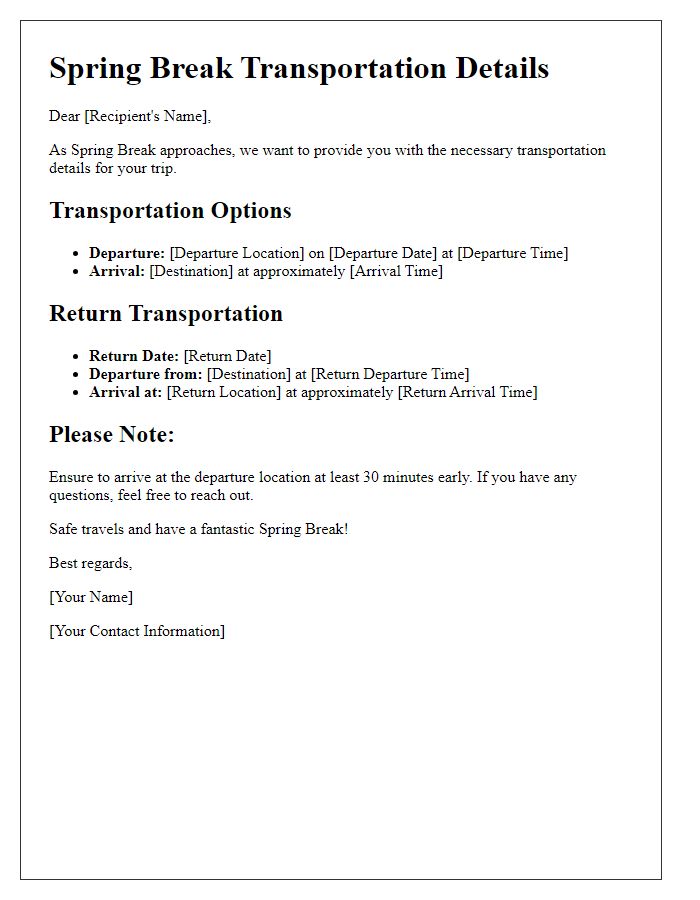 Letter template of Spring Break Transportation Details