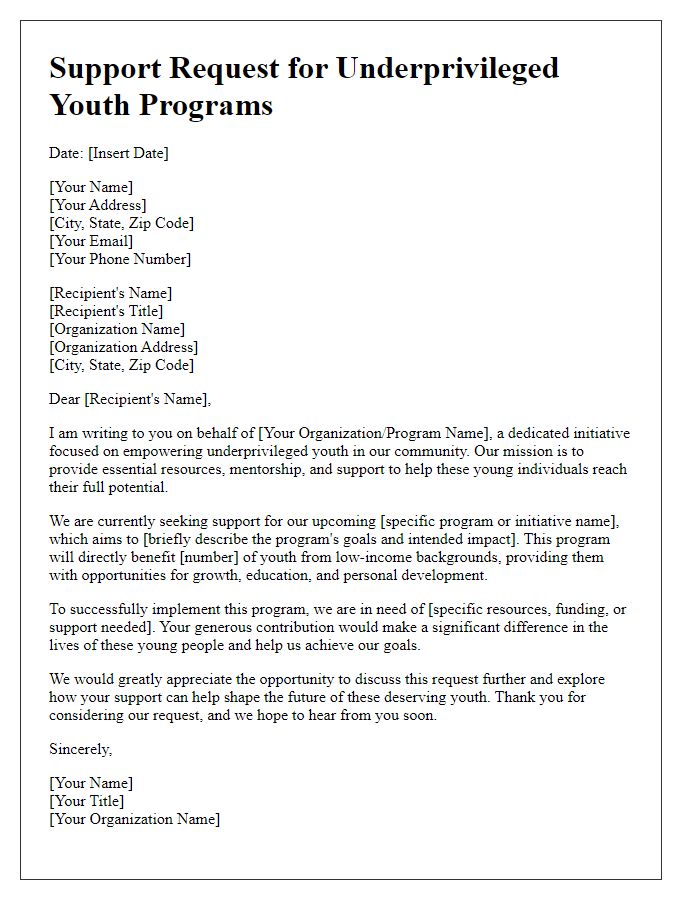 Letter template of support request for underprivileged youth programs