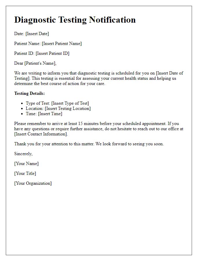 Letter template of diagnostic testing notification