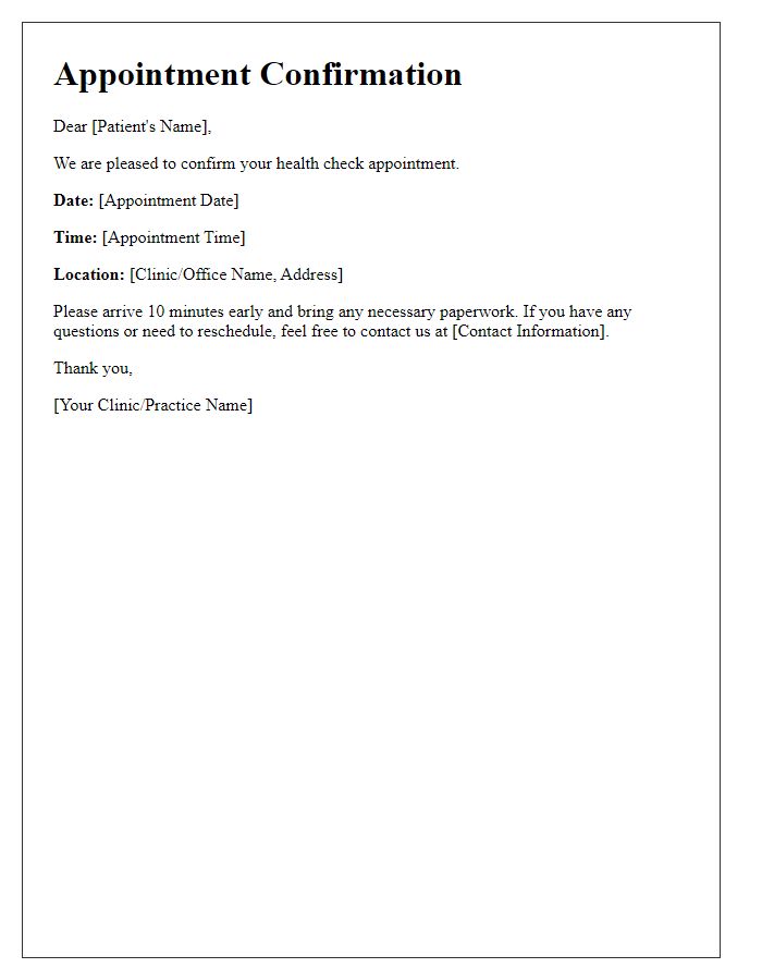 Letter template of health check appointment confirmation