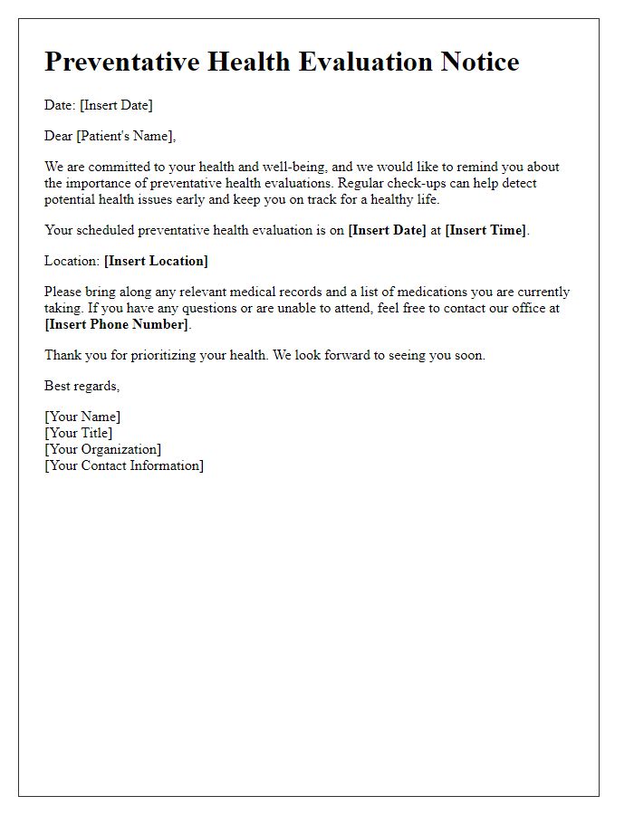 Letter template of preventative health evaluation notice