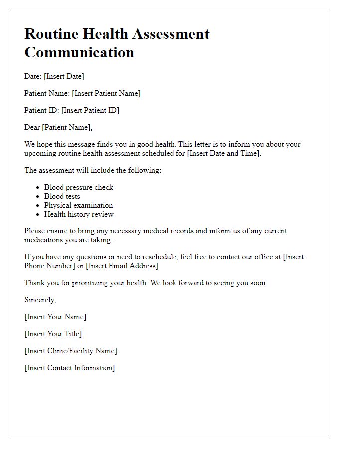 Letter template of routine health assessment communication