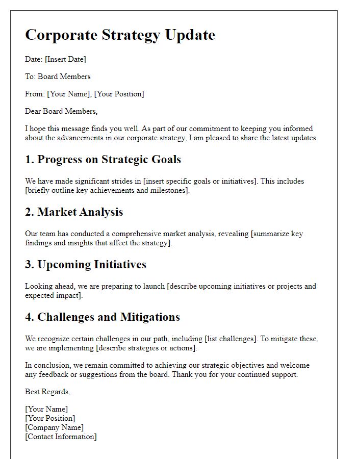 Letter template of corporate strategy update for board members.