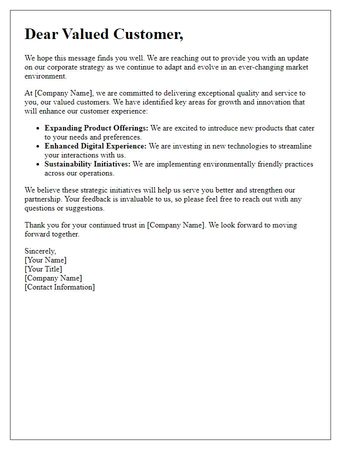 Letter template of corporate strategy update for customers.