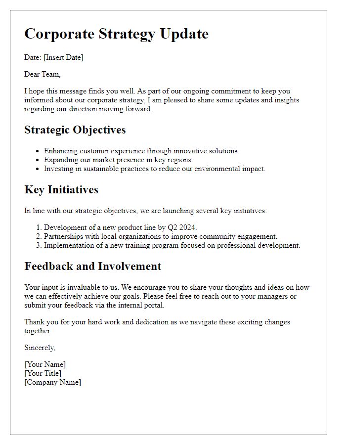 Letter template of corporate strategy update for employees.