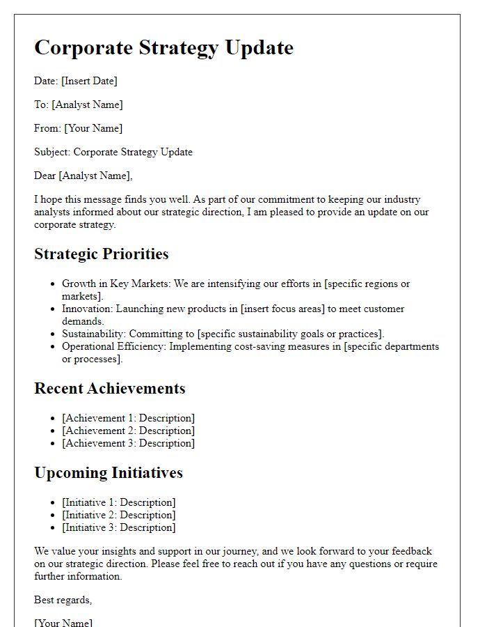 Letter template of corporate strategy update for industry analysts.