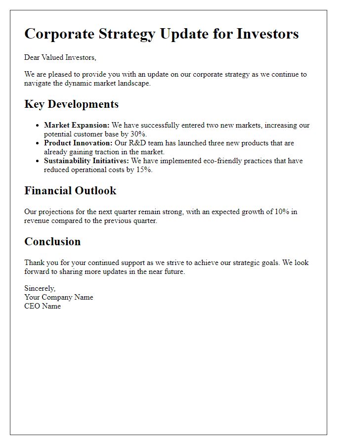 Letter template of corporate strategy update for investors.