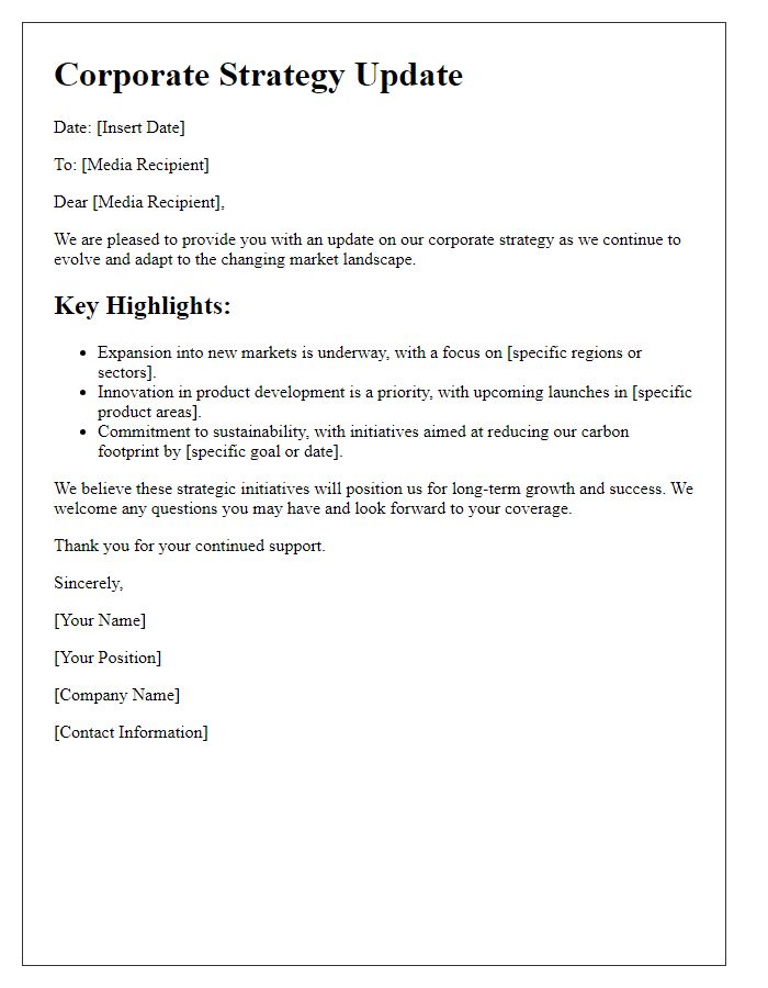 Letter template of corporate strategy update for media.