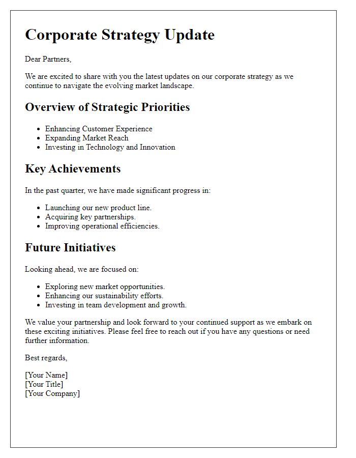 Letter template of corporate strategy update for partners.