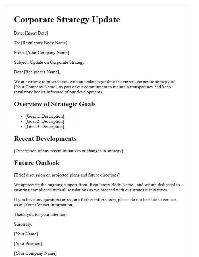 Letter template of corporate strategy update for regulatory bodies.