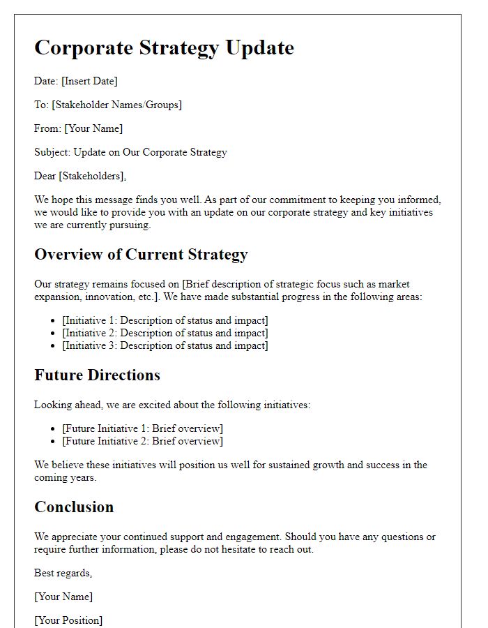 Letter template of corporate strategy update for stakeholders.