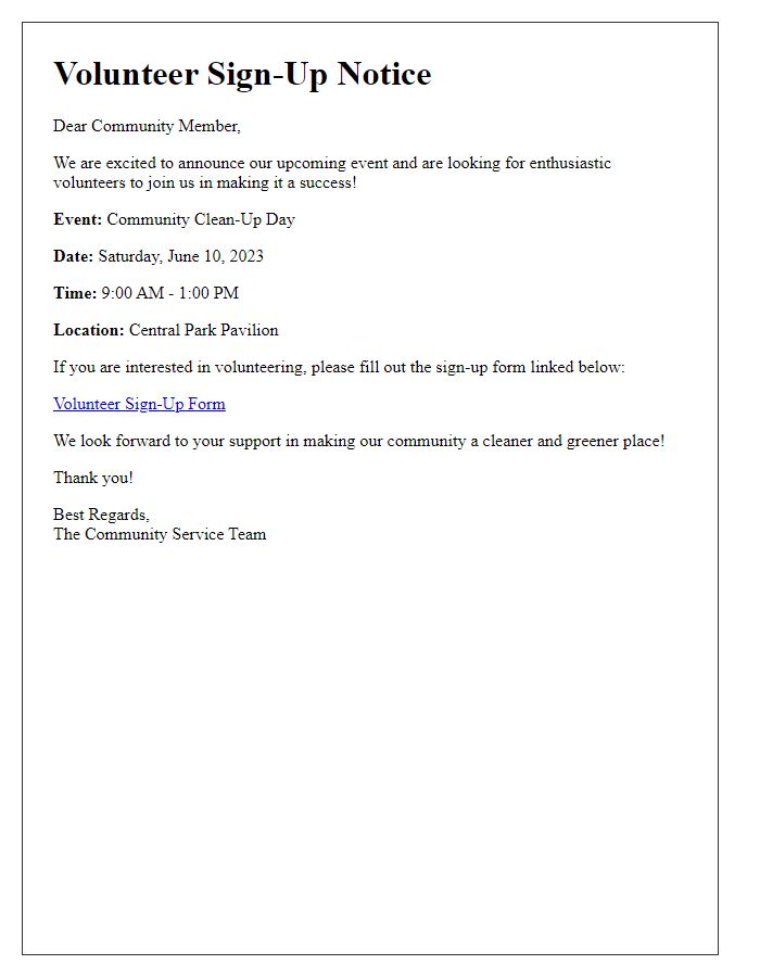 Letter template of Volunteer Sign-Up Notice