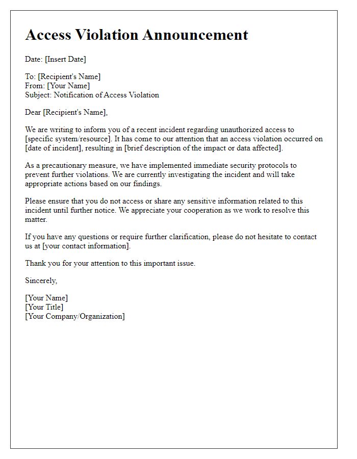 Letter template of access violation announcement