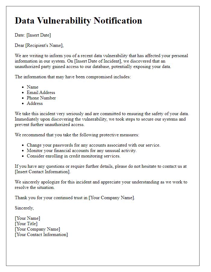 Letter template of data vulnerability notification