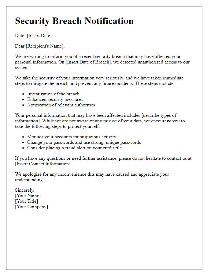 Letter template of security breach notification