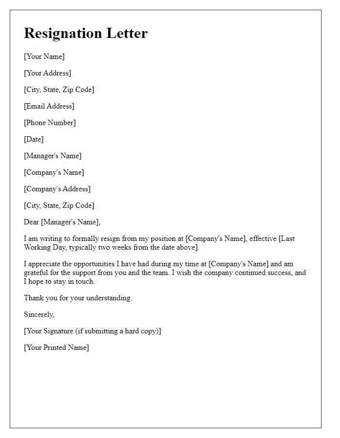 Letter template of formal resignation from your current position.