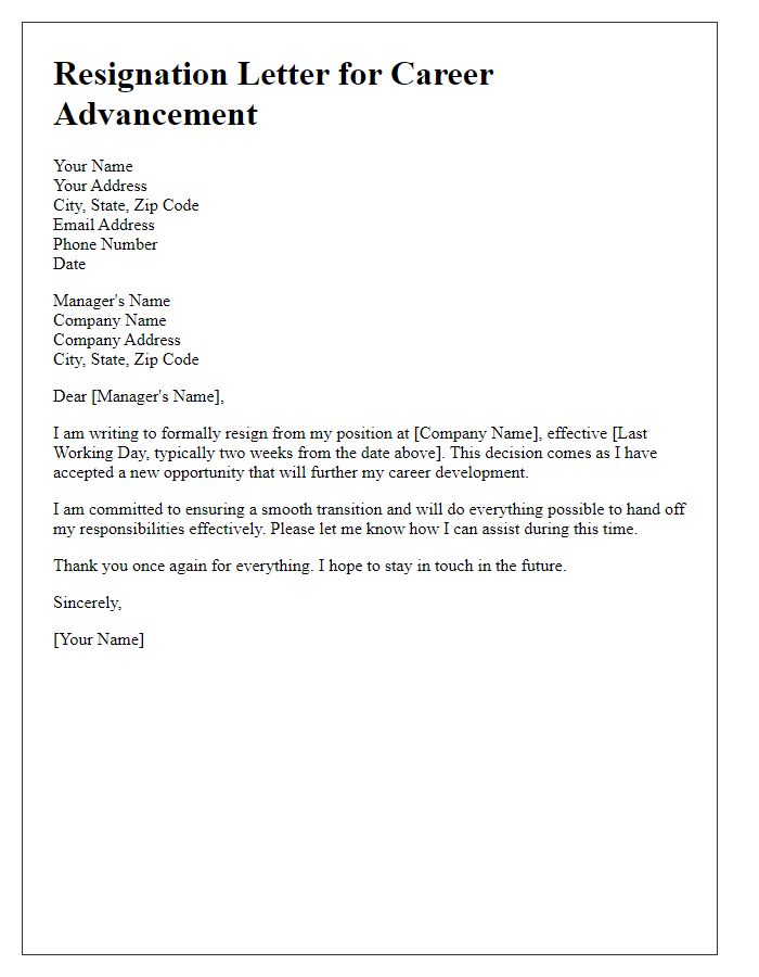 Letter template of resignation for career advancement opportunities.