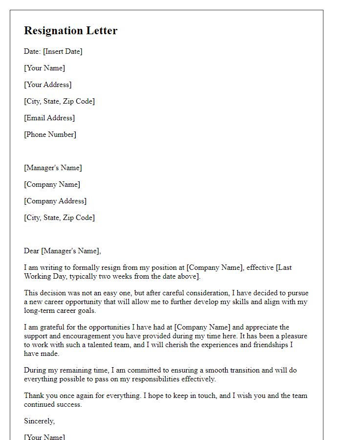 Letter template of resignation for a career change.