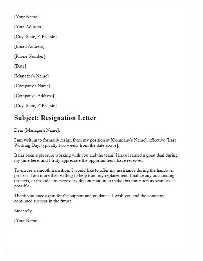 Letter template of resignation while offering assistance during transition.