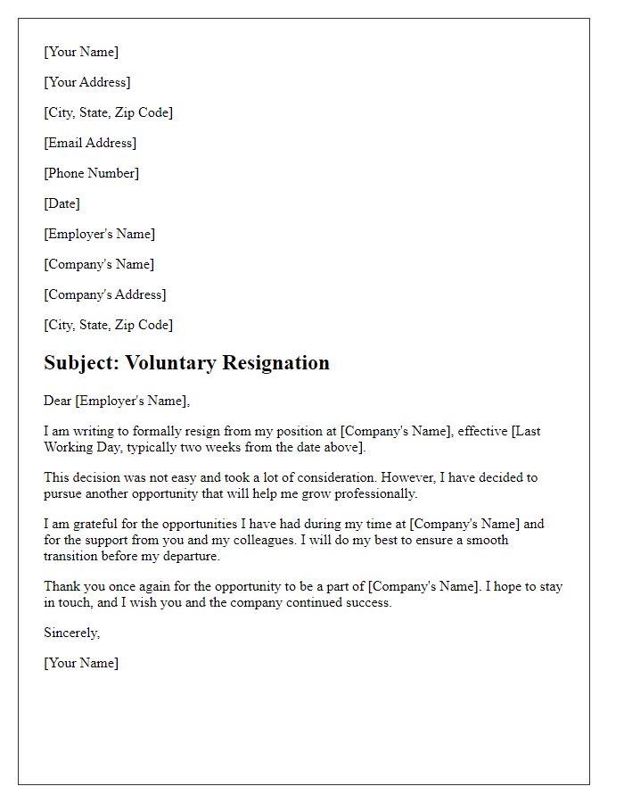 Letter template of voluntary resignation to your employer.