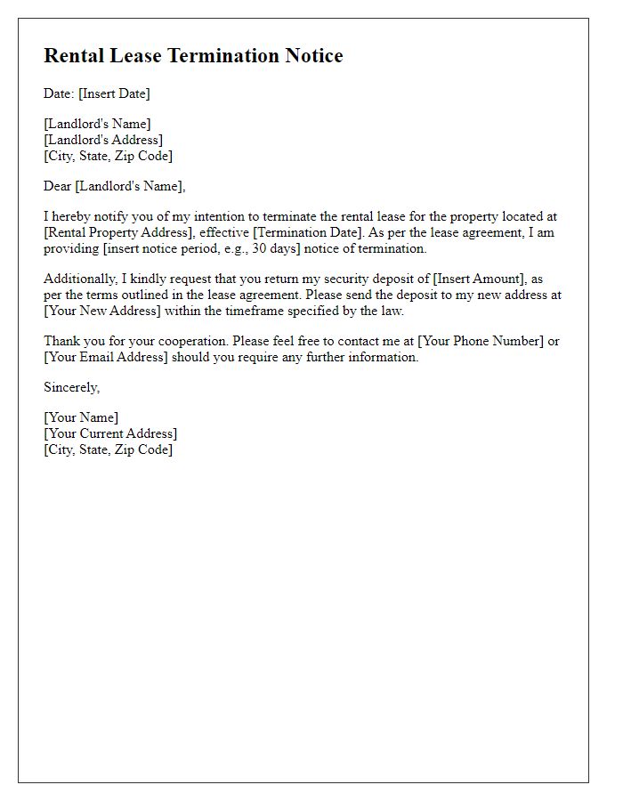 Letter template of rental lease termination notice with request for security deposit