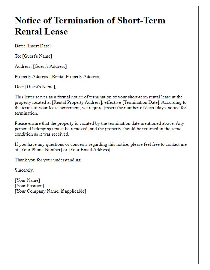 Letter template of short-term rental lease termination notice