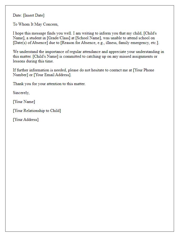 Letter template of explanation for missing school