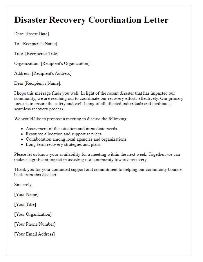 Letter template of disaster recovery coordination