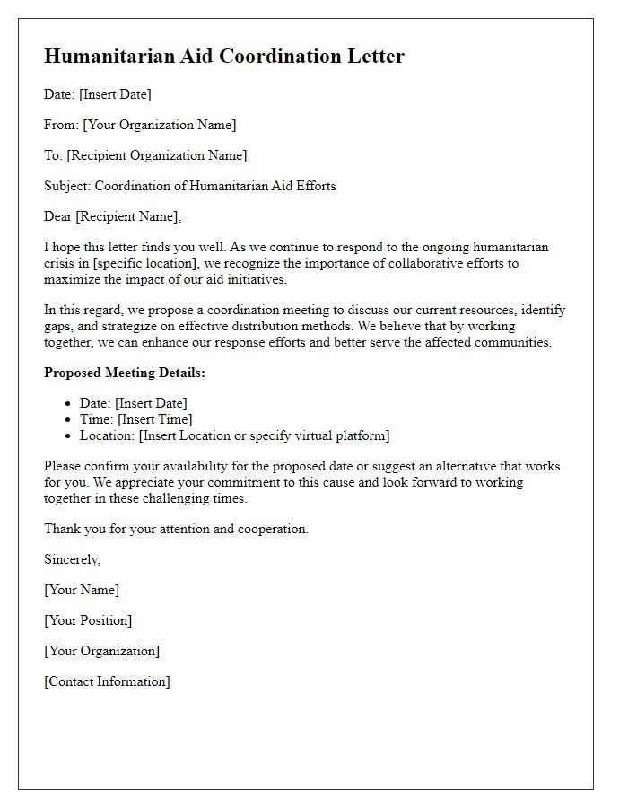 Letter template of humanitarian aid coordination