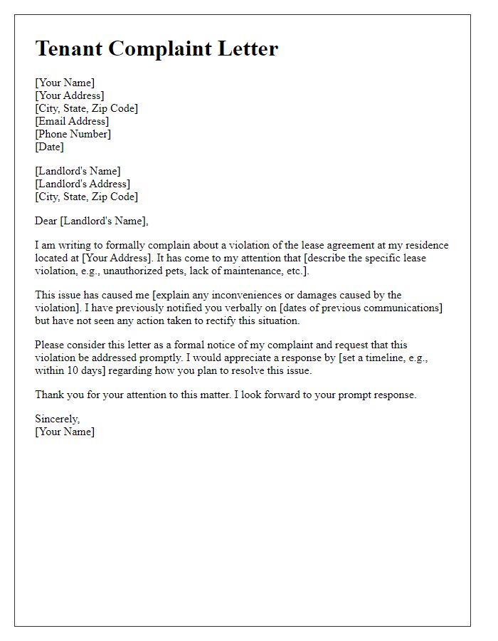 Letter template of Tenant Complaint About Lease Violation