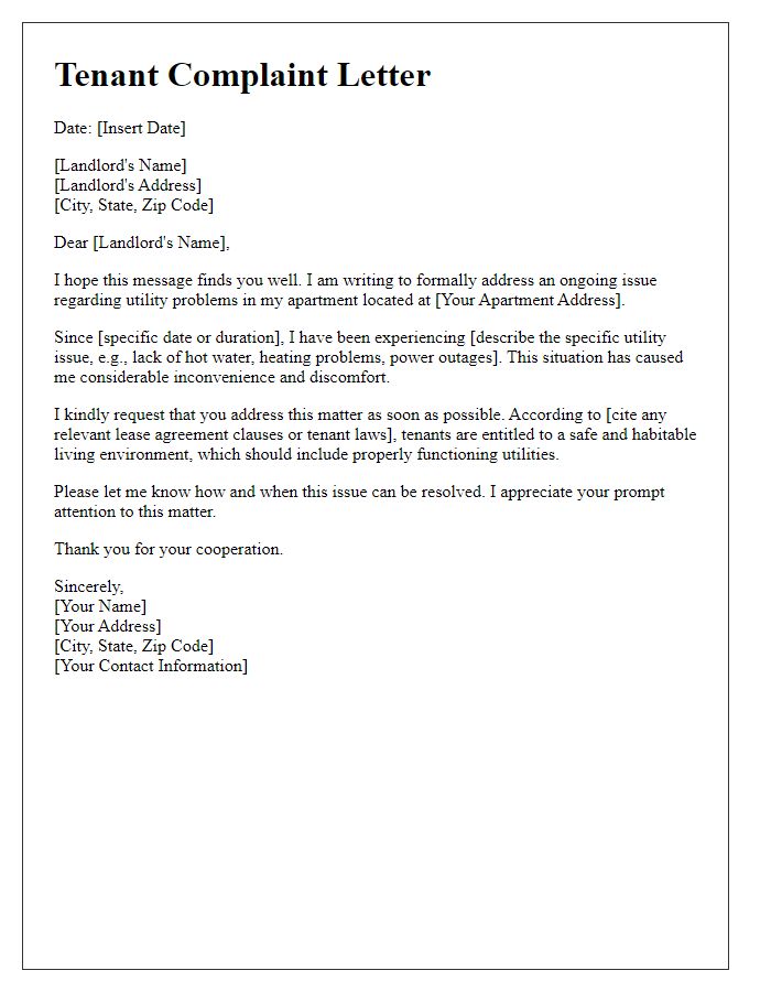 Letter template of Tenant Complaint Addressing Utility Problems