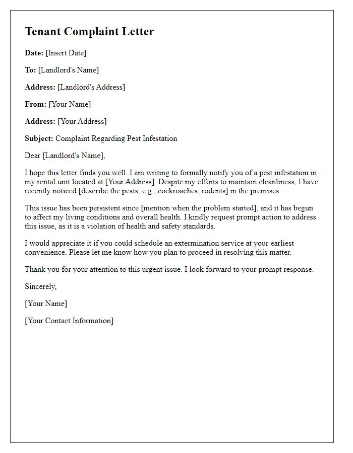 Letter template of Tenant Complaint for Pest Infestation