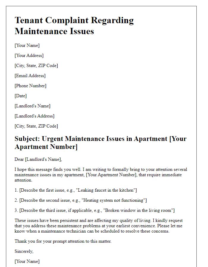 Letter template of Tenant Complaint Regarding Maintenance Issues