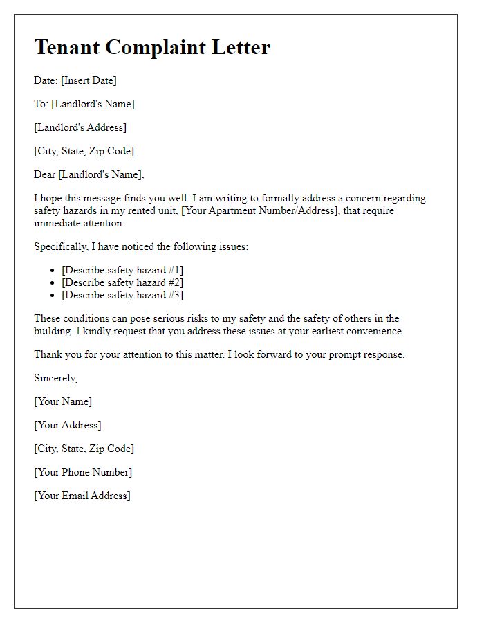 Letter template of Tenant Complaint Related to Safety Hazards