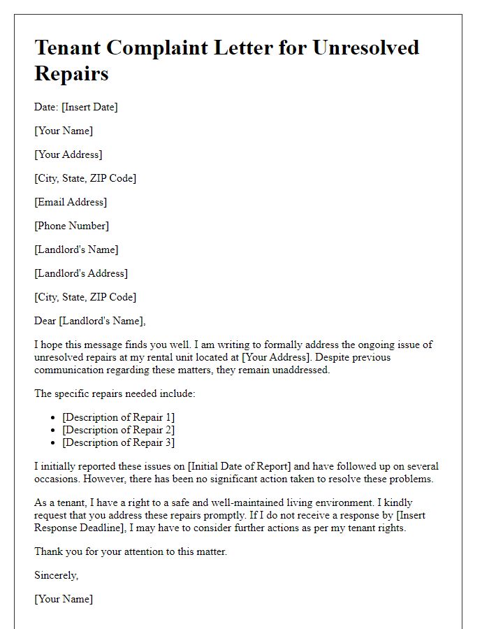 Letter template of Tenant Complaint for Unresolved Repairs