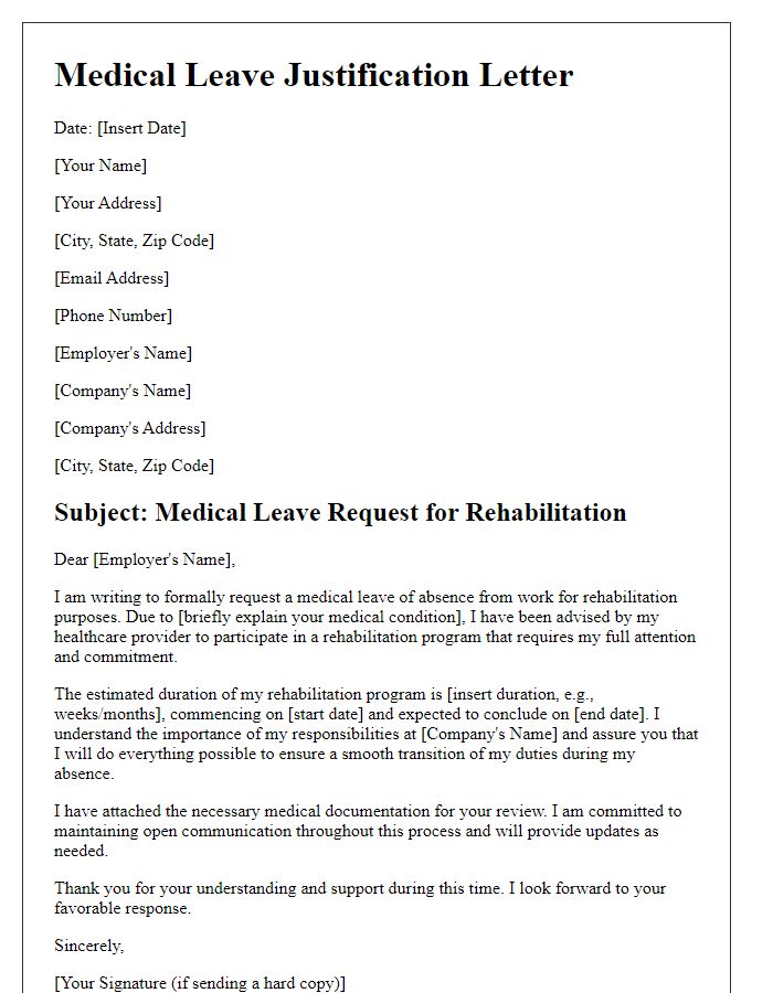 Letter template of medical leave justification for rehabilitation programs.