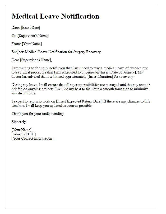 Letter template of medical leave notification for surgery recovery.