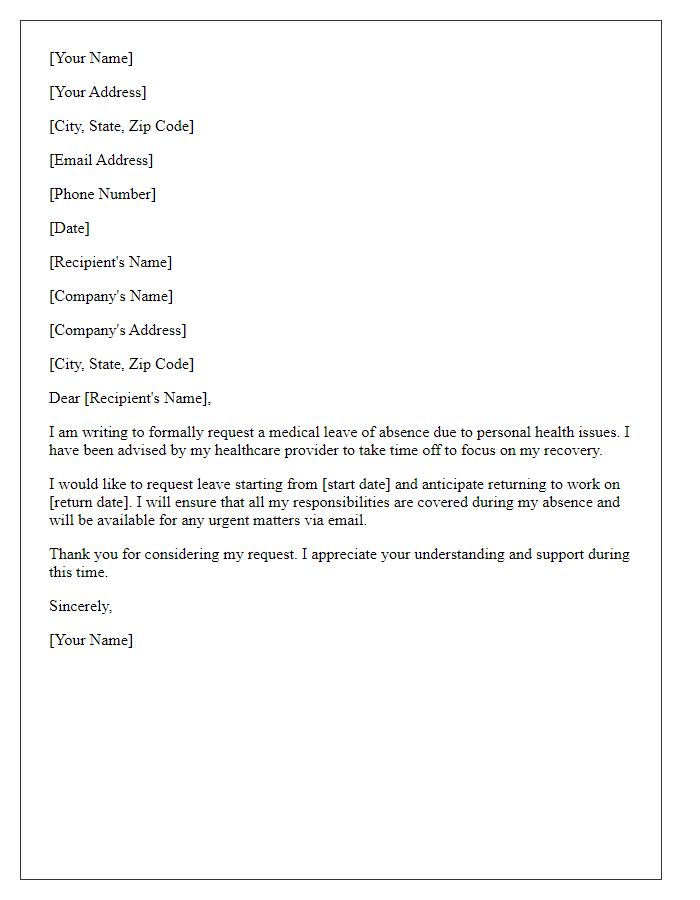 Letter template of medical leave request for personal health issues.