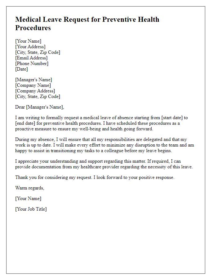 Letter template of medical leave request for preventive health procedures.